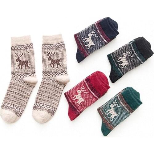 5 Pack New Fashion Womens Cotton Vintage Winter Soft Warm Cold Knit Wool Deer Pattern Christmas Gift Socks