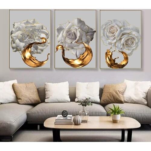 White Rose Flower Golden Ink Silk Abstract Print Poster Nordic Art Canvas Painting Wall Pictures for Living Room Decor Unframed