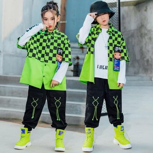 Kids Street Dance Costumes Boys New Green Lattice Shirts Hiphop Pants Girls Ballroom Hip Hop Dance Clothes Rave Clothes DQS6235
