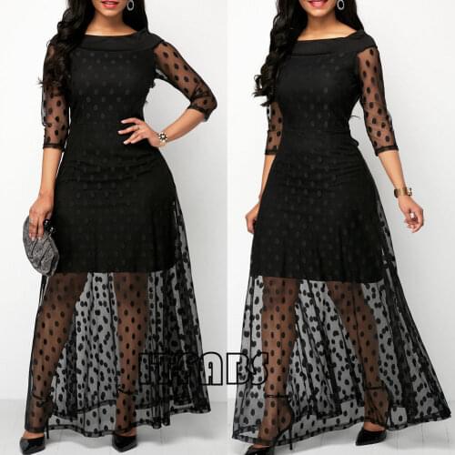 Summer New 2019 Women Black Polka Dot Mesh Long Maxi Dress Summer Beach Ladies PatchworkTulle Lace Long Dress