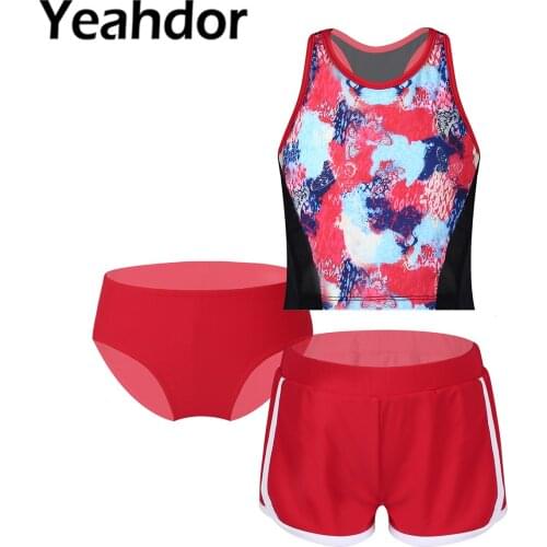 3Pcs Kids Girls Sport Suit Swimwear Sleeveless Racer Back Swim Vest Tops with Briefs and Shorts Set for Running Exercise Sports