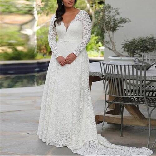 Full Lace Plus Size Wedding Dresses Long Sleeves V-neck A-line Bridal Dress Elegant Sweep Train White Ivory Vestido De Noiva New