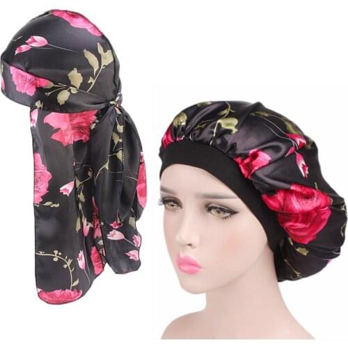 Hot Unisex Durag and Bonnet Long Tail Straps Waves For men and Women Silky Headwrap Comfortable Sleeping Cap 2pcs one set