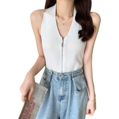 Halter Sleeveless Camis Women Zipper Up Cropped Vest V-neck Summer Casual Streetwear Solid Color Tank Tops