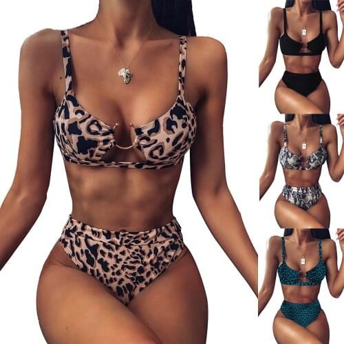 Fashion Metal Circle Sexy Snake Print Leopard Print Beach Bikini High Waist Sling Bra Womens Vacation Swimwear 2-piece Set