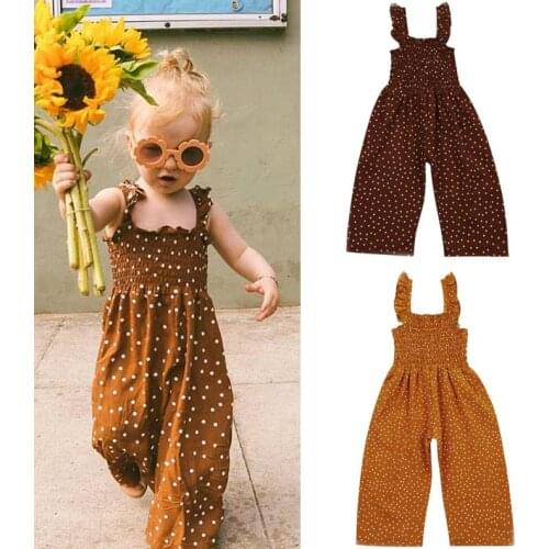 New Kids Girls Summer Suspender Jumpsuit Sleeveless Polka Dot Ruffles Long Pants Overalls Casual Loose Kids Clothes 1-6Y