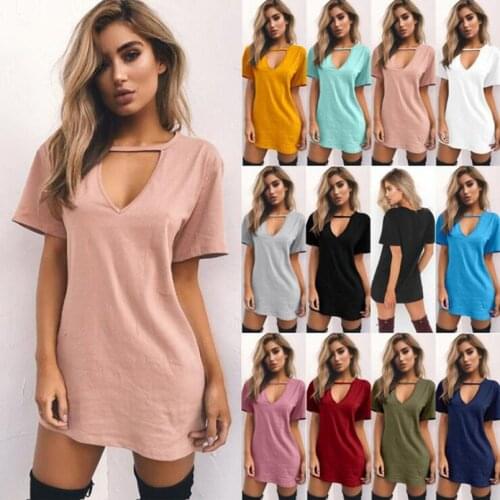 Summer Womens Tshirt Dress Choker V Neck Fitness Female Mini T-Shirt Short Sleeve Ladies Sexy Clothing Plus Size 5XL