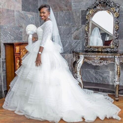 Long Sleeve African Wedding Dresses Beaded Band A-Line Scoop Neck Sweep Train Abendkleid Bridal Gowns Custom Made