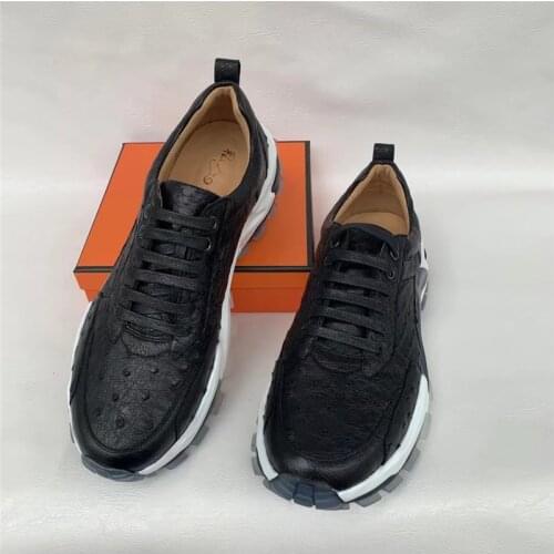 Authentic Real True Ostrich Skin Mens Casual Walking Sneakers Genuine Exotic Leather Lace-up Male Driving Flats Leisure Shoes