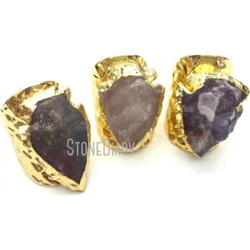 Gold Plating Irregular Surface Arrowhead Ring Jaspers, Rose Quartzs Raw Ore, Amethysts Raw Quartz Ring Adjustable RM12689