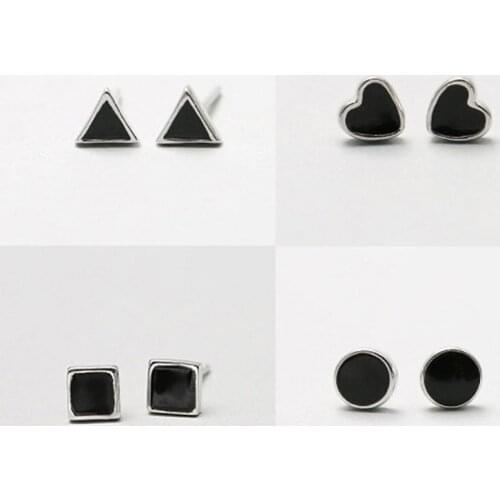925 Silver Stud Earrings for Women Fine Jewelry Black Vintage 925 Sterling Silver Earring Female Square Round Heart