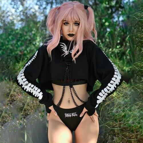 Mall Goth Punk Sexy Hoodie Women Hoolow Out Strapped Skeleton Print Mask Gloves Streetwear Hooded Black Y2K Crop Top