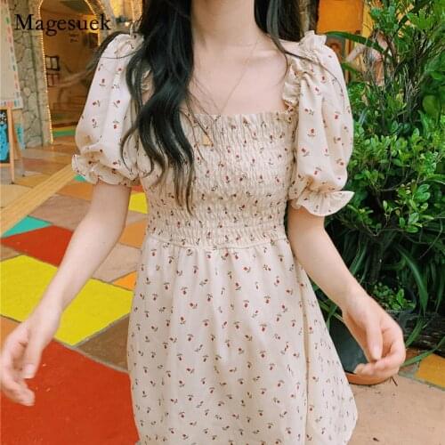 Floral Square Collar Chiffon Dress 2021 Party Dress A Line Vestido Boho Black Mini Vestidos Verano Korean Cute Harajuku 14386