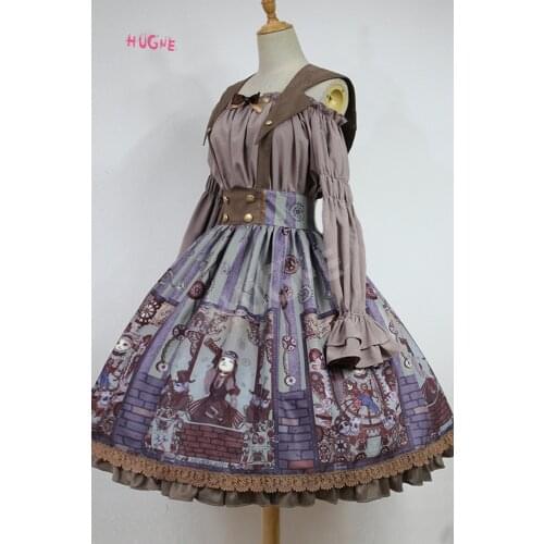 Steampunk Cat Series Lolita Printed Hugne Skirt with Detachable Sailor Collar by Soufflesong