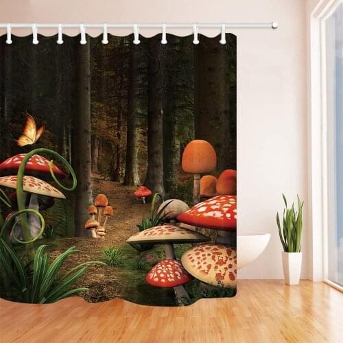 Mushroom Decor Shower Curtain,Unique Mushroom Grow Up in the Dark Forest Fantasy Nature Theme Shower Curtain Set for Bathroom