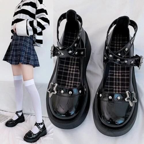 Women Shoes Sweet Lolita Shoes Platform Round Head Thick Heel Cross Bandage Kawaii Shoes Cosplay Mary Jane Shoes star Buckle