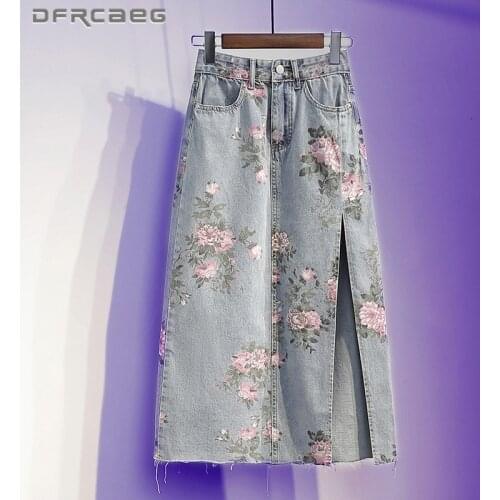 Plus Size Flowers Print Summer Denim Long Skirt Woman 2021 High Waist Sexy Split Vintage Pencil Skirts Jeans Female 4XL 5XL