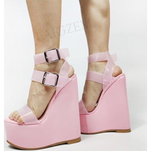 LAIGZEM Women Clear Sandals PVC Platform Wedges Pumps Shoes Woman Height Increasing Sandalias Verano Large Size 43 44 46 50 52