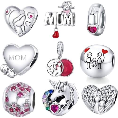 Mom Love Pendant BISAER 925 Sterling Silver Oxidized Maternal Love Mom Mother Beads Charms for Women Silver 925 Jewelry ECC1460