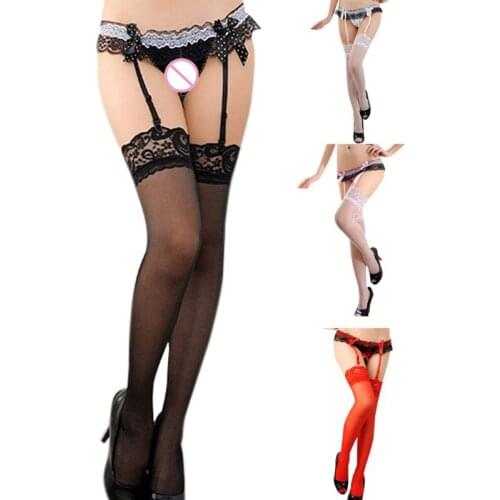 Womens Crotchless Bowknot Faux Pearl G-String Garter Suspender Belts Stockings