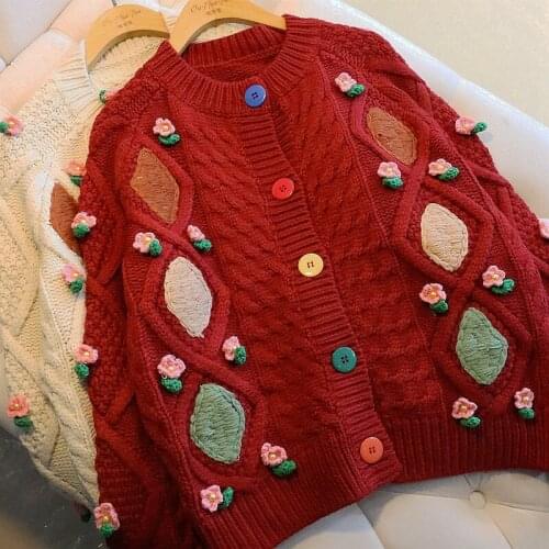 Womens sweater 2021 new retro literary flower rhombus flower knitted cardigan women loose cute lazy vintage sweater women
