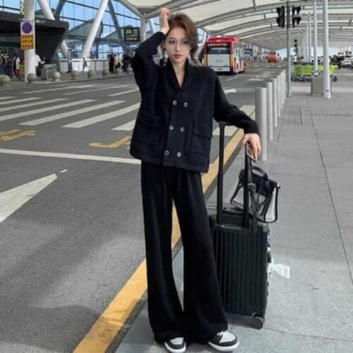 New Autumn Winter Knitted Suit Women Office Lady Double Breasted Lapel Blazer Coat + Wide Leg Pants Elegant Two Piece Set Female