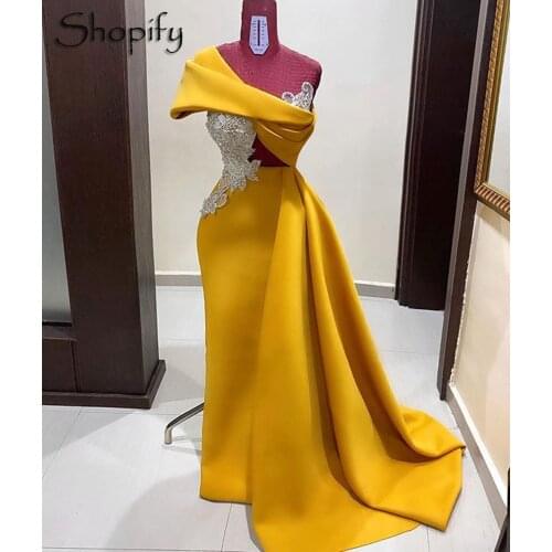 Long Elegant Mermaid Evening Dress 2020 One Shoulder Sleeveless Beaded Yellow Cotton Dubai Women African Formal Gowns