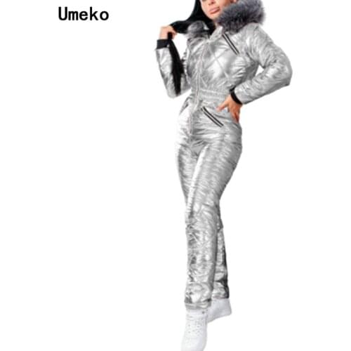Umeko Winter Womens Hooded Jumpsuits Parka Cotton Padded Warm Sashes Ski Suit Straight Zipper One Piece Casual Tracksuits