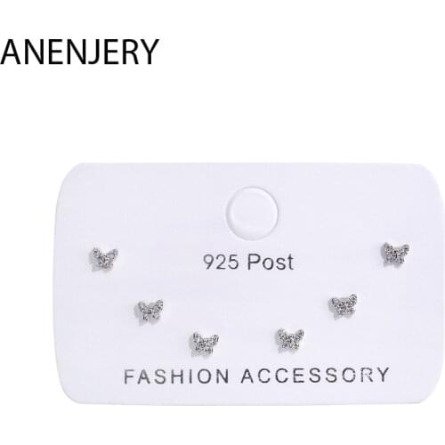 ANENJERY Lovely 6-piece Small Earrings Set Silver Color Zircon Butterfly Stud Earrings For Women Friend Gift S-E1207