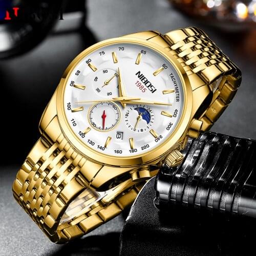 NIBOSI 2021 Gold Quartz Wristwatch for Men Fashion Top Luxury Brand Chronograph Waterproof Auto Date Clock Relogio Masculino