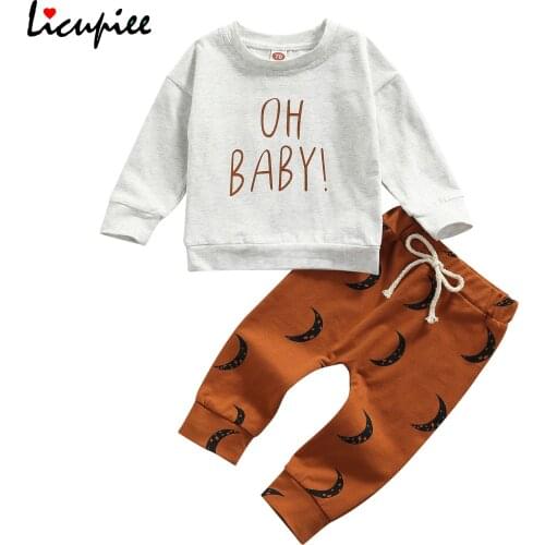 0-3 Years Letter Childrens Sets Unisex Baby Clothes Set, Letter Print Long Sleeve O-neck T-shirt+moon Print Trousers