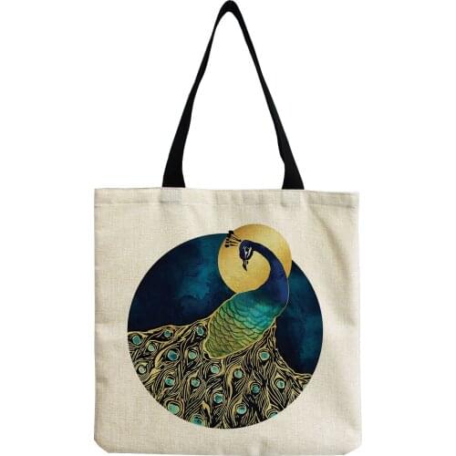 Peacock Ukiyoe Design Handbag Fashion Printed Shoulder Bag Eco Reusable Foldable Shopping Bag High Capacity Portable Storage Bag
