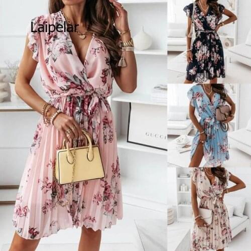 Summer WomenS Dress Chiffon Ruffles Sleeve Print Mini Dress Casual Deep V Neck Pleated Ladies Floral Dress Vestidos Robes