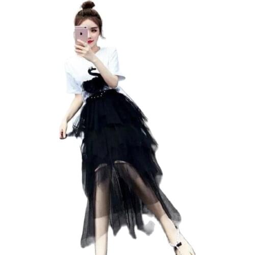 Fashion T-Shirt Set New Short-Sleeved Summer Sets For Women 2021 High-Waist Mesh Short Skirt Is Thin Two Piece Set Women Elegant