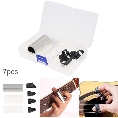 7pcs/lot Guitar Slide Picks Kit Stainless Steel Slides Thumb Finger Celluloid with Box with 3 silde and 4 fingertip picks