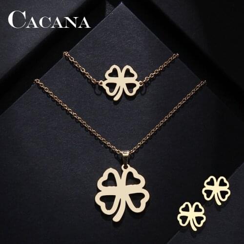 CACANA Stainless Steel Sets For Women Hollow Clover Shape Necklace Bracelets Earrings For Women Lovers Engagement Jewelry