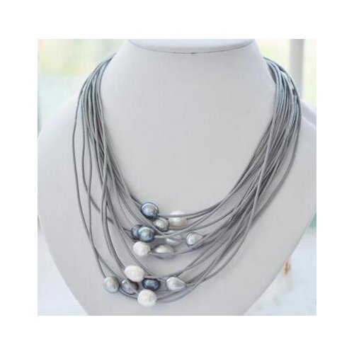 Natural Hot sale wholesale 15 Rows 10-13mm Real White Black Gray Freshwater Pearl Necklace Leather Cord Magnet Clasp