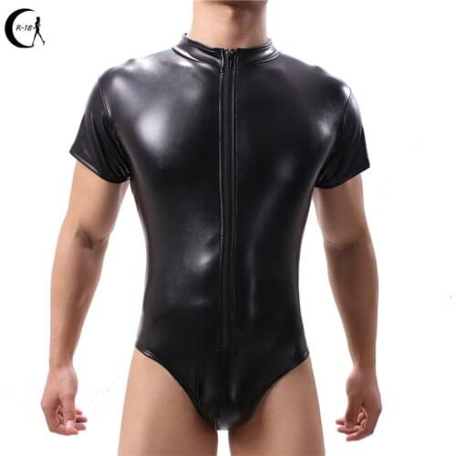 Faux Leather Underwear Bodysuit Boxers Jumpsuits Wrestling Singlets Lingerie Stretch Tight Gay Jockstrap Briefs Pouch One-piece