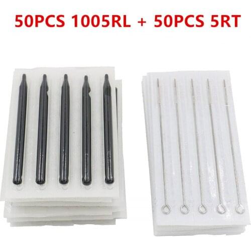 New 50PCS Disposable Sterile Tattoo Needles 5RL With 50PCS 5RT Long Sterile Black Tattoo Tips Stem Nozzle Tube Free Shipping