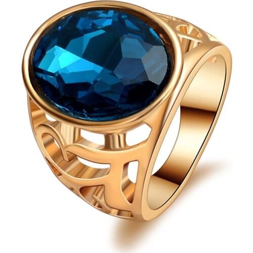 New fashion men jewelry gold color plated hollow out design big crystal blue rings for men high quality gift for boyfriend