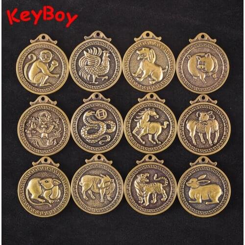 New Design Brass 12 Zodiac Animals Pendants Blesssing Characters Round Tags Keychain Hanging Jewelry Vintage Keyring Accessories