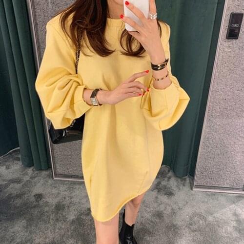 Autumn Winter Loose Mini Dress Casual Solid O Neck Long Sleeve Basic Female Fashion Warm Sweater Dresses Yellow