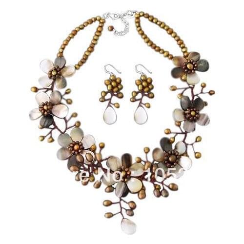 Stunning Natural Shell & Brown Freshwater Pearl Flower Necklace 4-20mm 18'' S925 Sterling Silvers Earrings Fashion Jewelry Set