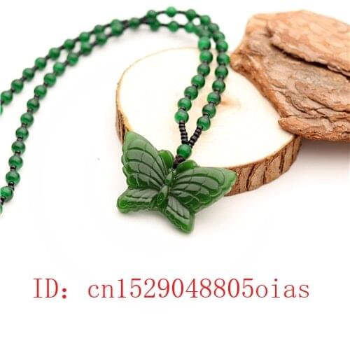 Natural Green Chinese Jade Butterfly Pendant Beads Necklace Fashion Charm Jadeite Jewelry Carved Amulet Gifts for Women Men