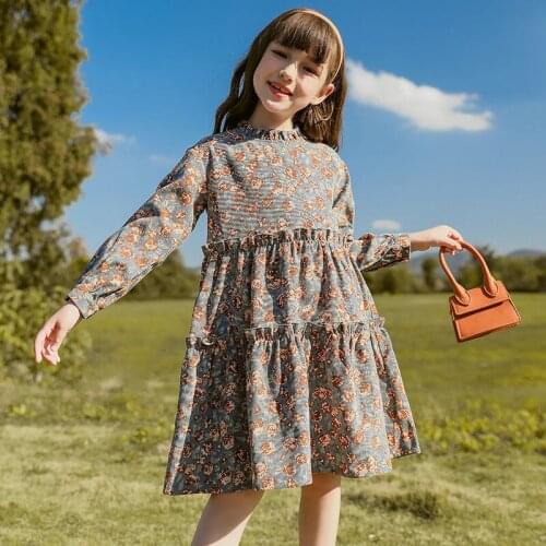 Girls' Dress Childrens Skirt Girls' Dresses 2021 New Floral Skirt Retro Long Sleeves Princess Dress Outskirts Walk 8-16 Years