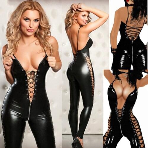Hot Women Sexy Black Bandage Jumpsuit Zipper Open Crotch Catsuit PU Leather Bodysuit Sexy Club Wear Erotic Pole Dance