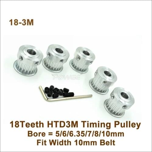 POWGE 18 Teeth 3M Timing Pulley Bore 5/6/6.35/7/8/10mm Fit W=10mm HTD 3M Synchronous Belt 18T 18Teeth HTD3M Pulley CNC Machine