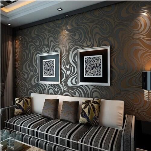 Q QIHANG 3D Abstract Curve Luxury Flocking Striped Wallpaper Black&Brown 0.7m*8.4m=5.88m2