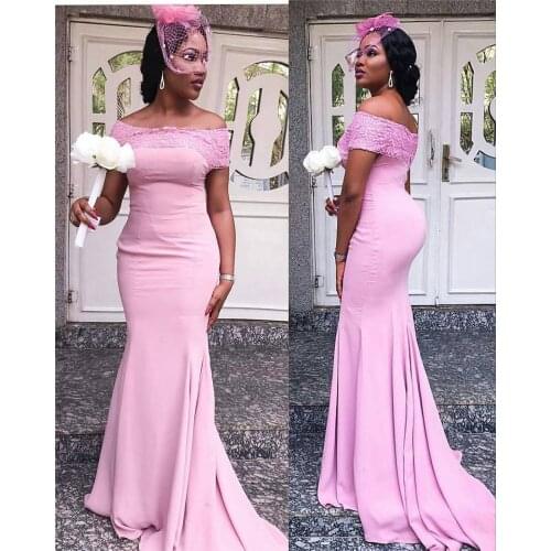 Strapless Pink Mermaid Bridesmaid Dresses 2019 With Applique Lace Luxury Stain African Women Long Maid Of Honor Dress Party