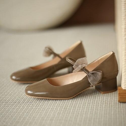 Salu Shallow Genuine Leather Handmade Shoes for Women Sweet Fashion Retro Thick Heels Pumps Autumn Party Dancing Shoes Woman